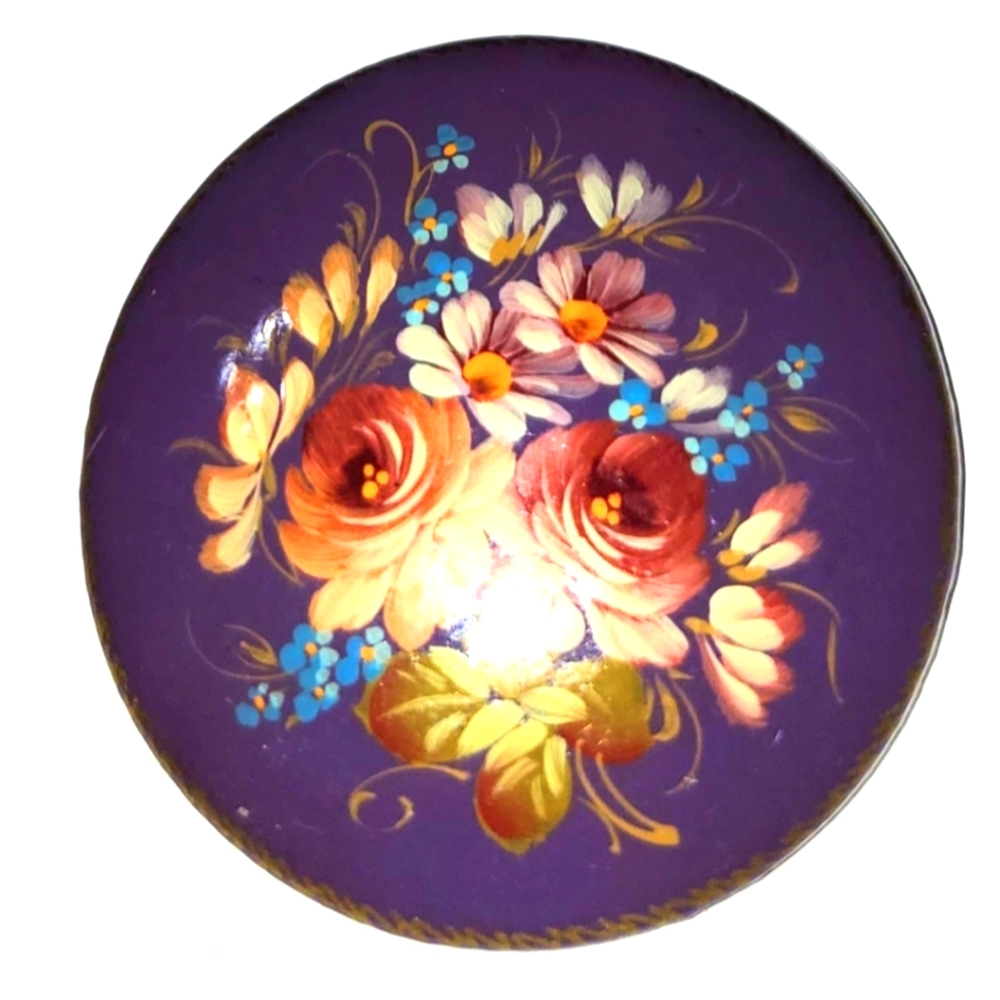 Vtg Round Russian Enamel Wooden  Lacquer Purple Rose Pin Brooch Signed